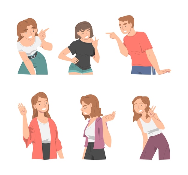 Personas sonrientes Caracteres que muestran diferentes gestos de la mano Conjunto de ilustraciones vectoriales