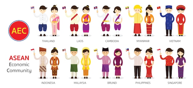Vector personas del sudeste asiático en vestimentas tradicionales