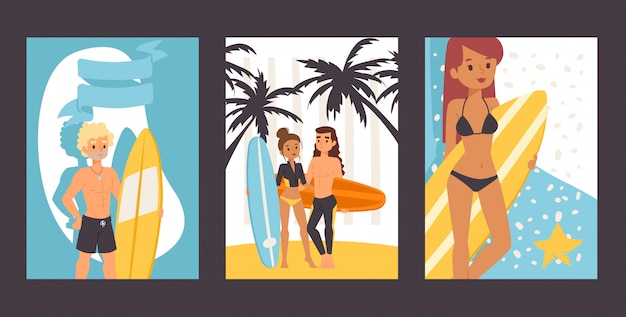 Personas con tablas de surf, ilustración. conjunto de pancartas con personajes de dibujos animados, jóvenes surfistas. ocio activo de verano, promoción de escuelas de surf, aventuras de vacaciones de verano