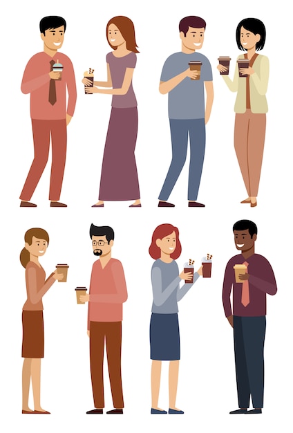 Personas con tazas de café. Bebidas callejeras. Hombres y mujeres