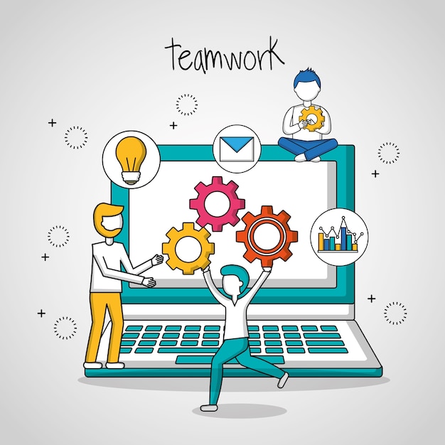 Vector personas teamwork pantalla pantalla herramientas muchachos presentando trabajo