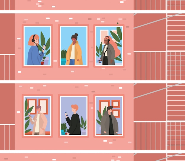 Personas con teléfono inteligente en las ventanas del edificio rosa con escaleras de escape, ilustración del tema de arquitectura y cuarentena