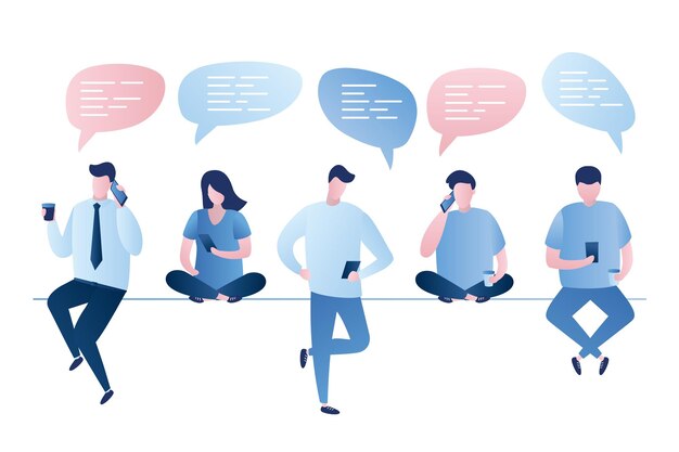 personas con teléfonos inteligentes hablando y chateando en las redes sociales personajes humanos con globos de diálogo