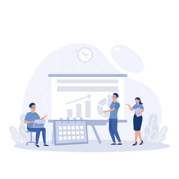 Las personas trabajan juntas haciendo un plan en un tablero de tareas de marca de seguimiento de la ejecución de tareas Proceso de trabajo trabajo en equipo comunicación vector plano ilustración moderna