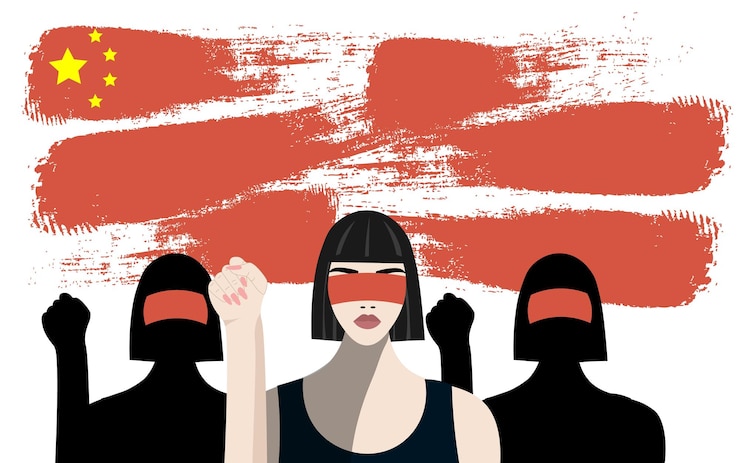 Vector personas con vendas rojas y puños levantados protestan contra el telón de fondo de una bandera roja