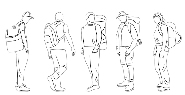 personas viajeros con mochilas contorno vector boceto