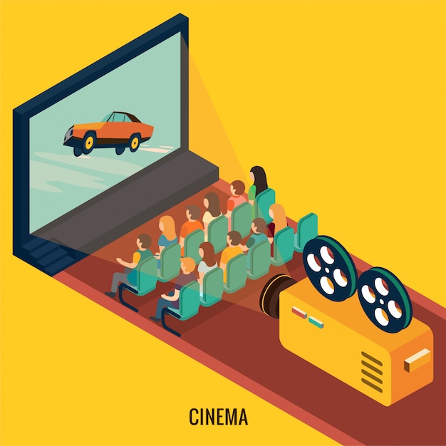 Vector personas viendo películas en el cine teatro. ilustración isométrica 3d