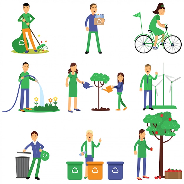 Personas voluntarias personajes de dibujos animados que contribuyen a la conservación del medio ambiente, estilo plano