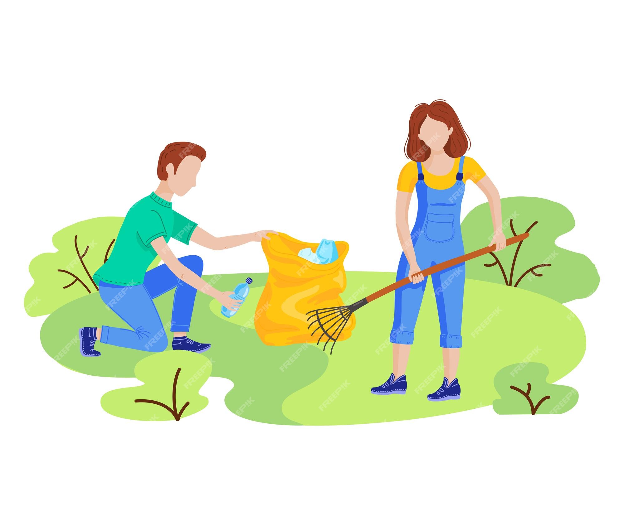 Personas voluntarias plantan árboles y limpian basura plástica en el parque  de la ciudad. vector plano conjunto con personas recogiendo basura basura  naturaleza de limpieza al aire libre. concepto de voluntariado, ecología