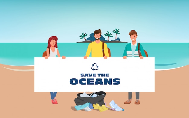 Vector las personas voluntarias salvan los océanos y limpian los desechos en la playa.