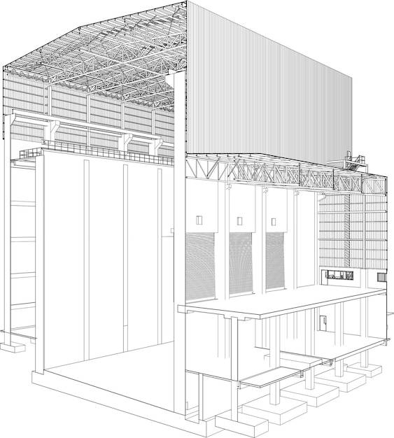 Perspectiva de corte de un edificio de almacén industrial