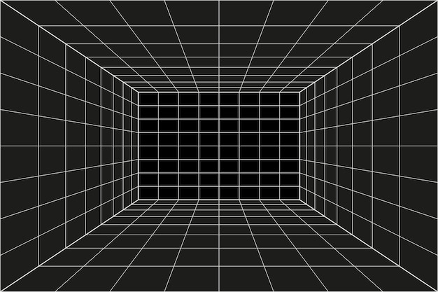 Perspectiva de cuadrícula habitación negra. Fondo gris de estructura metálica. Modelo de tecnología digital cyber box. Plantilla arquitectónica abstracta de vector