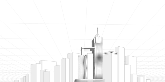 Perspectiva del edificio del paisaje urbano, edificio moderno en el horizonte de la ciudad, silueta de la ciudad, rascacielos de la ciudad, centro de negocios, ilustración vectorial en diseño plano.