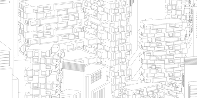 Perspectiva del edificio del paisaje urbano, edificio moderno en el horizonte de la ciudad, silueta de la ciudad, rascacielos de la ciudad, centro de negocios, ilustración vectorial en diseño plano.