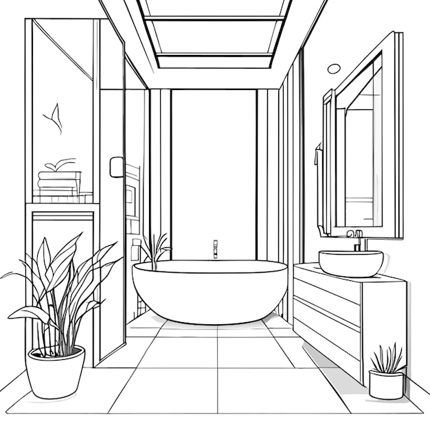 perspectiva del interior del baño moderno ilustración vectorial muy detallada arte de línea