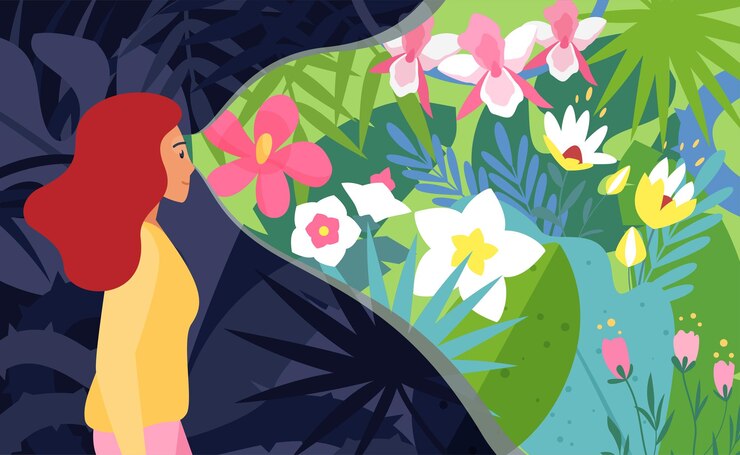Vector perspectiva optimista salud mental mujer feliz centrando la visión en flores brillantes en el camino