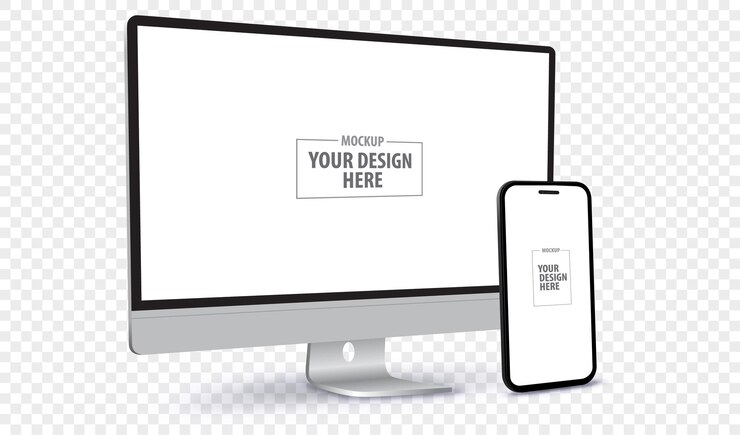 Vector perspectiva de la pantalla de la computadora de escritorio y el teléfono móvil mockup plantilla vectorial de dispositivos digitales