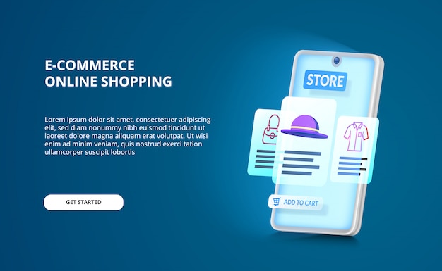 Perspectiva de teléfono inteligente 3D con diseño de interfaz de usuario de comercio electrónico o aplicación de compras en línea con pantalla de brillo azul