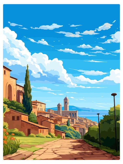 Vector perugia italia vintage travel poster recuerdo postal retrato pintura wpa ilustración