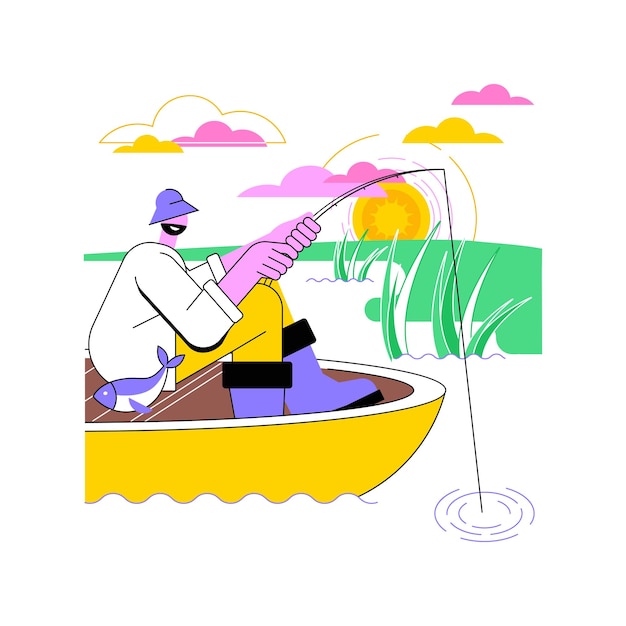 Pesca de agua dulce aislada ilustraciones vectoriales de dibujos animados Hombre joven pescando solo sentado en un barco lanzó una caña hermoso río alrededor de la gente estilo de vida pesca proceso de dibuyos animados vectoriales
