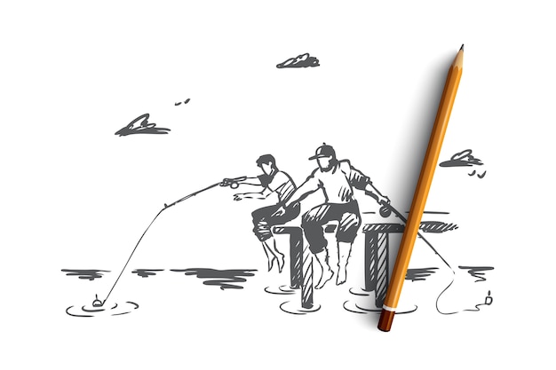 Pesca, amigos, dos, concepto de vacaciones. dibujado a mano dos amigos pescando en el bosquejo del concepto de orilla del río.