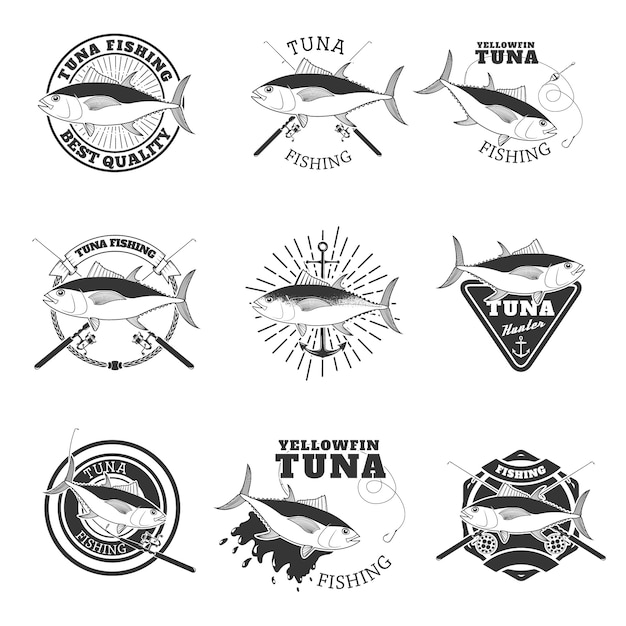 Pesca de atun. Elementos de diseño para el emblema del equipo de pesca.