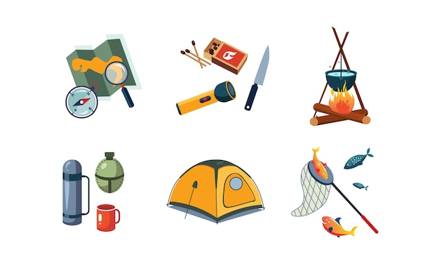 Pesca y camping, iconos, conjunto, mapa, brújula, linterna, tienda, caldero, caja, de, cerillas, cuchillo, termo, caja, matraz, taza, vector, ilustración, aislado, en, un, fondo blanco