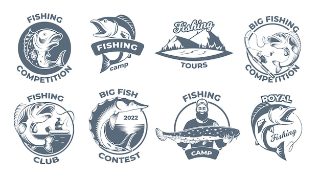 Pesca deportiva Anzuelo para peces oceánicos caña de pescar grande vector exacto diseño de insignias estilizadas con lugar para texto Ilustración de diseño deportivo de peces de pesca oceánica