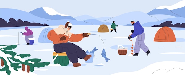 Pesca en hielo en un lago congelado en el paisaje de invierno Pescadores de ocio sentados junto a agujeros perforados con varas atrapando peces en clima frío y nevado Pescadores acampando en invierno Ilustración de vector plano