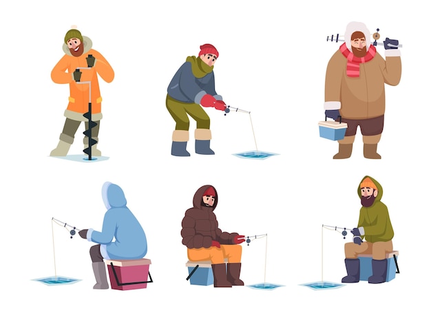 Pesca de invierno Pesca de tiempo frío en el polo norte Mariner de invierno Vector exacto Colección de personas