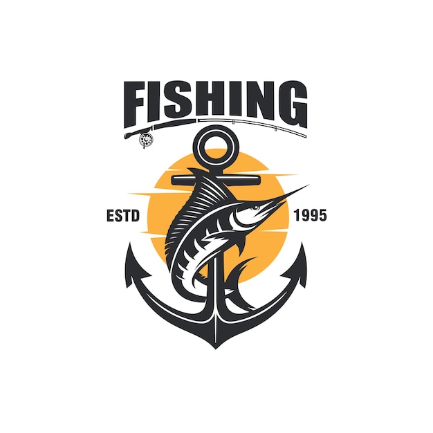Vector pesca de marlín con anclaje emblema vintage ilustración gráfica vectorial del logotipo