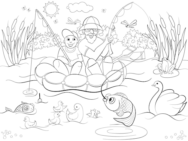 Pesca padre e hijo en el río para colorear para niños ilustración vectorial de dibujos animados