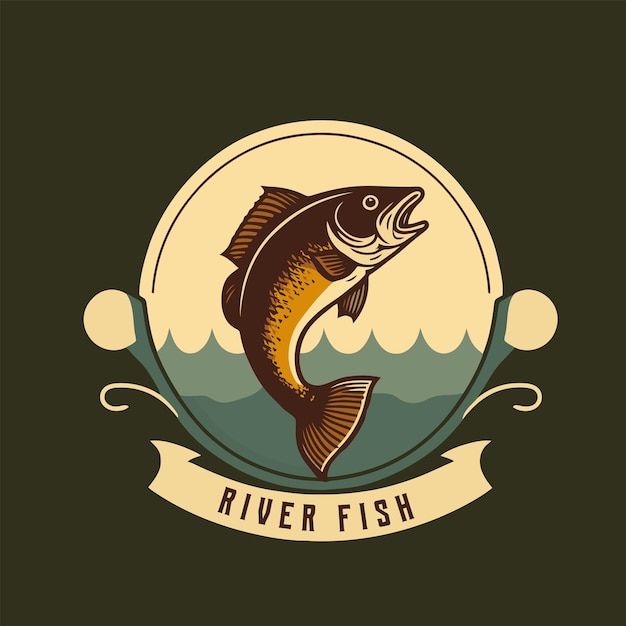 Vector pesca de peces en el agua logo icono plantilla diseño vintage