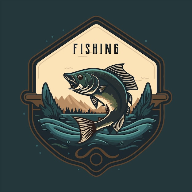 Vector pesca de peces en el agua logo icono plantilla diseño vintage