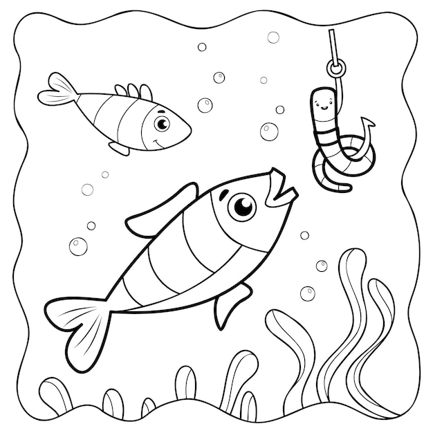 Pescado en blanco y negro Libro para colorear o página para colorear para niños Fondo marino