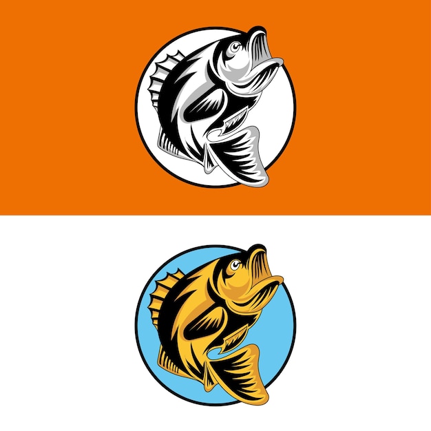 Pescado blanco y negro y vector logo de caña de pescar