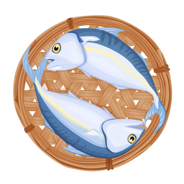 Pescado de caballa en una cesta de bambú sobre un fondo blanco. Ilustración de dibujos animados de vector.