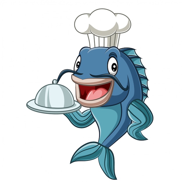 Pescado chef de dibujos animados sosteniendo una bandeja