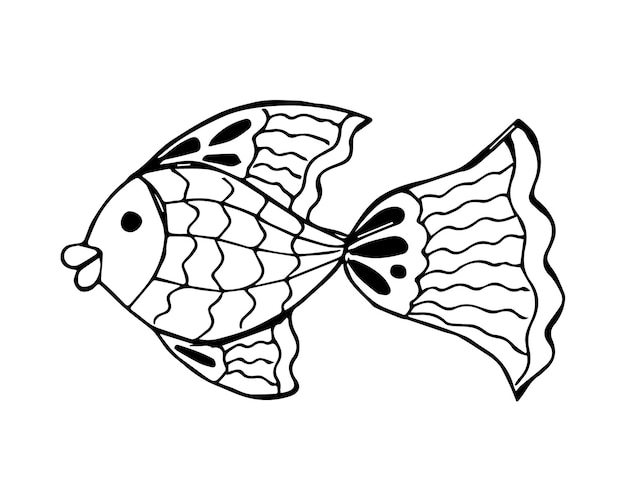 Pescado dibujado a mano en un solo elemento de estilo garabato o boceto en color blanco y negro