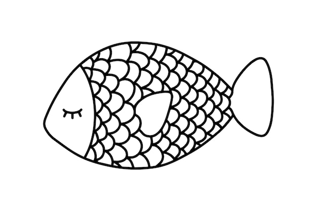 Pescado con escamas y ojo cerrado criatura marina mar animal naturaleza garabato lineal dibujos animados para colorear