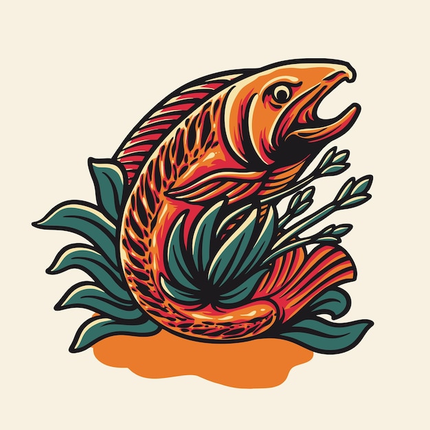 Pescado y flor naturaleza vector ilustración