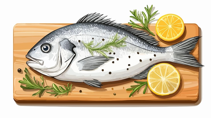 Vector el pescado fresco de dorada listo para asar en una mesa de madera
