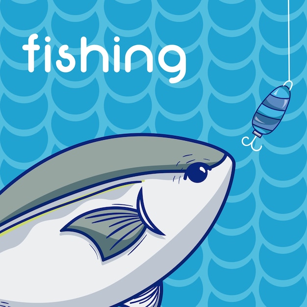 Pescado y gancho sobre fondo azul