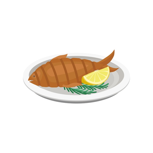 Vector pescado a la parrilla en un plato vector ilustración aislada en un fondo blanco