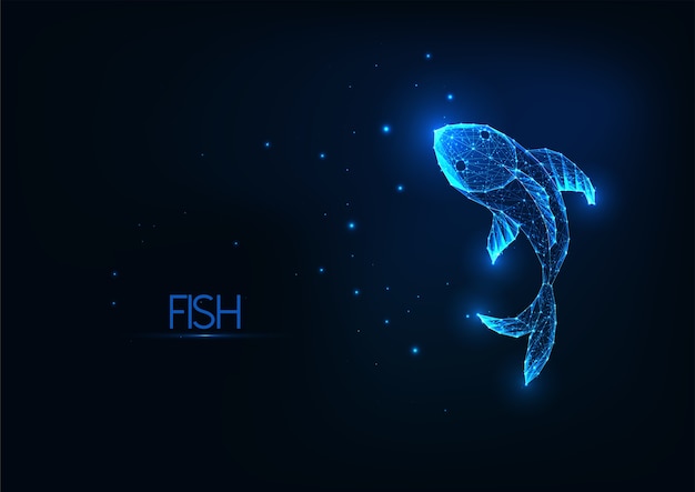 Pescado poligonal bajo brillante futurista aislado sobre fondo azul oscuro.