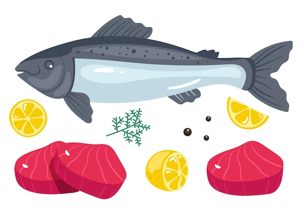 Pescado, salmón, atún, comida, rebanada cruda, filete, pieza, aislado, conjunto, diseño gráfico, ilustración