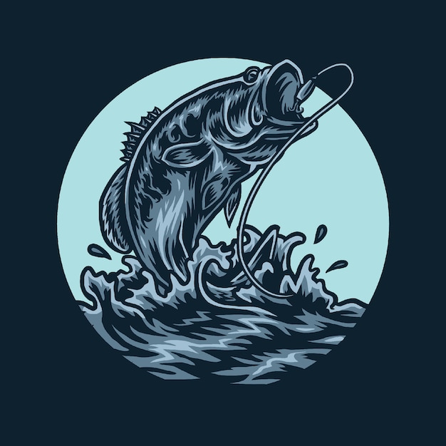 Pescado bajo saltando pescando línea de pesca, ilustración