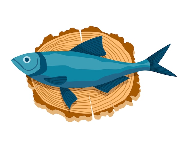 Vector pescado sobre tabla de madera. tabla de cortar de cocina con carne de comida saludable. productos alimenticios en estilo de dibujos animados. concepto comida salvaje orgánica del río o del océano.