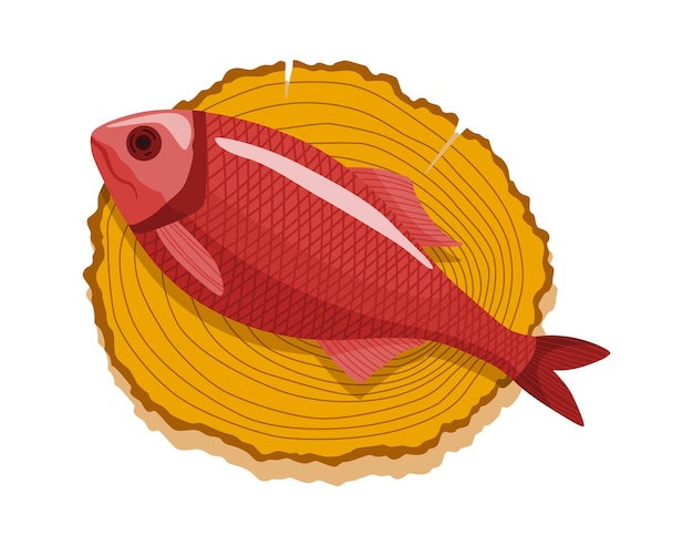 Pescado en tablero de madera tabla de cortar de cocina con carne de comida saludable producto alimenticio en estilo de dibujos animados concepto orgánico salvaje río o comida oceánica