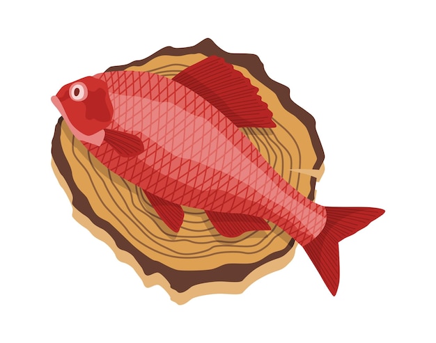 Pescado en tablero de madera Tabla de cortar de cocina con carne de comida saludable Producto alimenticio en estilo de dibujos animados Concepto orgánico salvaje río o comida oceánica